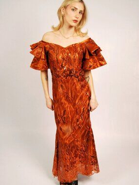 80s Sequin Prom Gown (M) medium burnt rust orange vintage formal dance glam cute